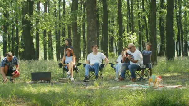 Happy Company Mom Dad Son Daughter Friends Having Picnic Forest — Stock Video