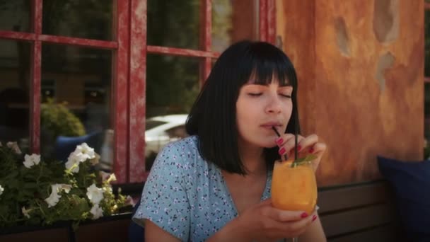 Happy Woman Enjoying Tasty Cold Cocktail Hot Summer Street Cafe — 图库视频影像