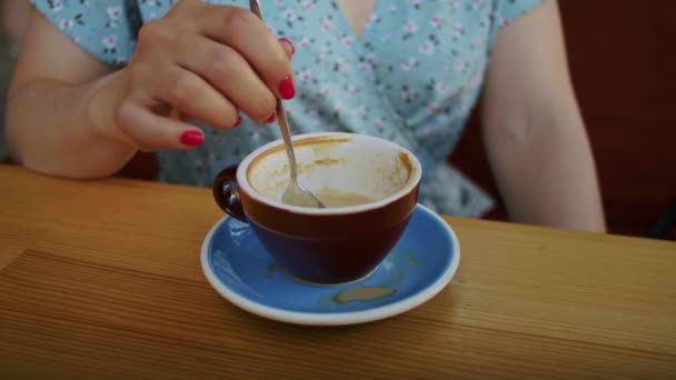 Happy Woman Drinking Coffee Street Cafe Enjoying Its Taste — Video Stock