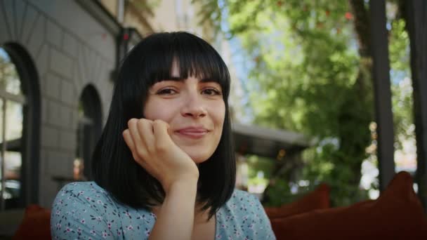 Portrait Shot Happy Woman Street Cafe She Enjoys Smell Food — Vídeo de Stock
