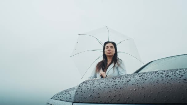 Sad Armenian Woman Walks Rain Umbrella She Enjoys Weather — Vídeo de stock