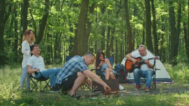 快乐的公司 女儿和他们的朋友正在林区野餐 夏天和帐篷一起在森林公园里休息 — 图库视频影像