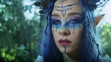 close up portrait of young beautiful girl with flower professional makeup. elf princess with flower crown on head. Halloween colorful makeup. bright face art. spring fairy of flowers