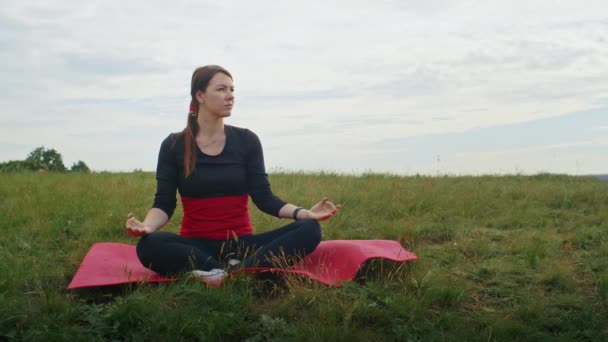Heureuse Jeune Femme Qui Fait Yoga Extérieur Exercices Respiration Dans — Video