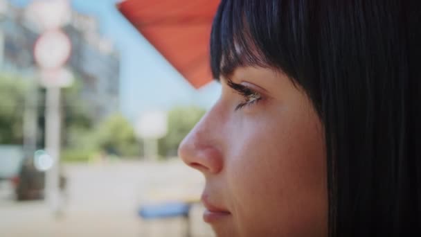 Portrait Shot Happy Woman Street Cafe She Enjoys Smell Food — Vídeo de Stock