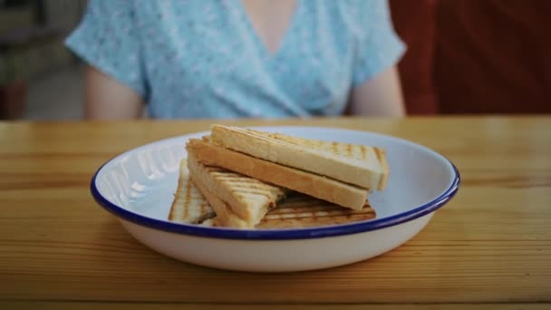 Happy Woman Enjoys Delicious Food Street Cafe Rejoices Taste Smell — Vídeo de Stock