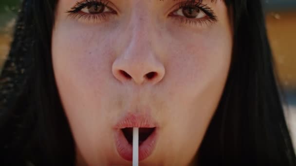 Playful Girl Sexually Licks Lollipop Street Enjoying Summer Ukraine Close — Vídeo de stock