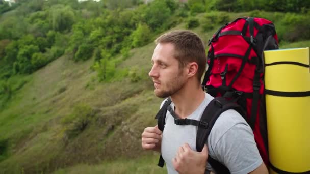 在群山中快乐的年轻人 他站在美丽风景的背景下欢欣鼓舞 在山上度假 — 图库视频影像