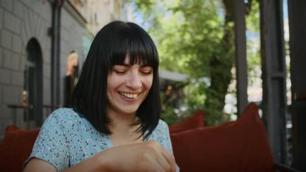 Portrait Shot Happy Woman Street Cafe She Enjoys Smell Food — 图库视频影像