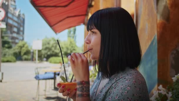 Portrait Shot Happy Woman Street Cafe She Enjoys Smell Food — Wideo stockowe