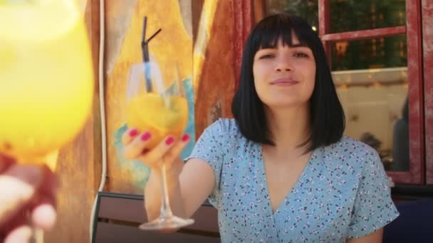 Happy Woman Enjoying Tasty Cold Cocktail Hot Summer Street Cafe — Vídeos de Stock