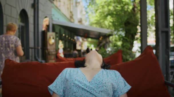 Portrait Shot Happy Woman Street Cafe She Enjoys Smell Food — Vídeo de Stock