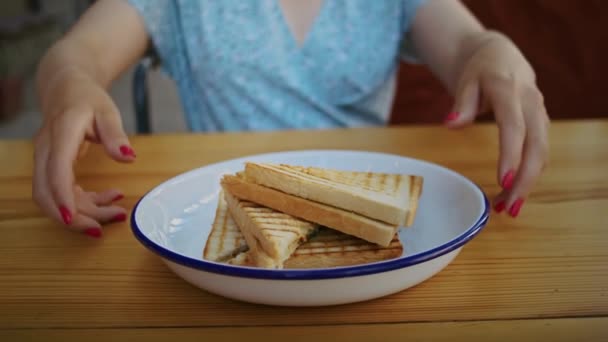 Happy Woman Enjoys Delicious Food Street Cafe Rejoices Taste Smell — Vídeo de Stock