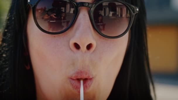 Playful Girl Sexually Licks Lollipop Street Enjoying Summer Ukraine Close — Vídeo de Stock