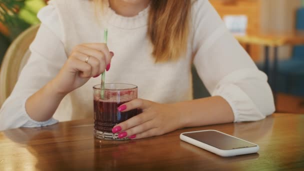Joyful Girl Drinking Tea Cafe Talking Phone Video Call Happy — Stock Video