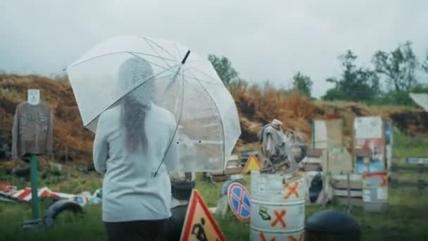 Sad Armenian Woman Walks Rain Umbrella She Enjoys Weather — Stock Video