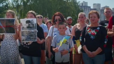 Ukrainian women and men gathered for a peaceful rally in support of the Azov prisoners of war, and the victims in Olenevka and Mariupol, demand the release of prisoners. Rally for freedom. No war in