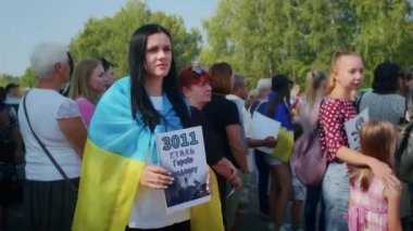 Ukrainian women and men gathered for a peaceful rally in support of the Azov prisoners of war, and the victims in Olenevka and Mariupol, demand the release of prisoners. Rally for freedom. No war in