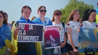 Ukrainian women and men gathered for a peaceful rally in support of the Azov prisoners of war, and the victims in Olenevka and Mariupol, demand the release of prisoners. Rally for freedom. No war in