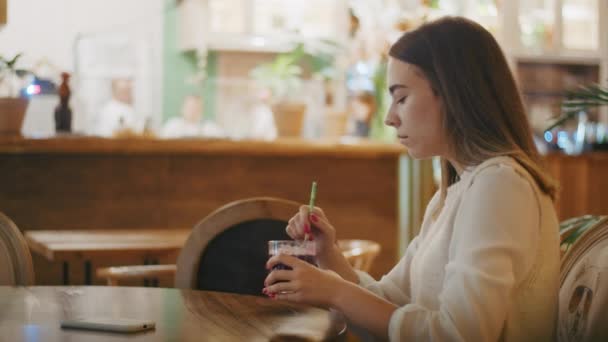 Joyful Girl Drinking Tea Cafe Talking Phone Video Call Happy — 图库视频影像