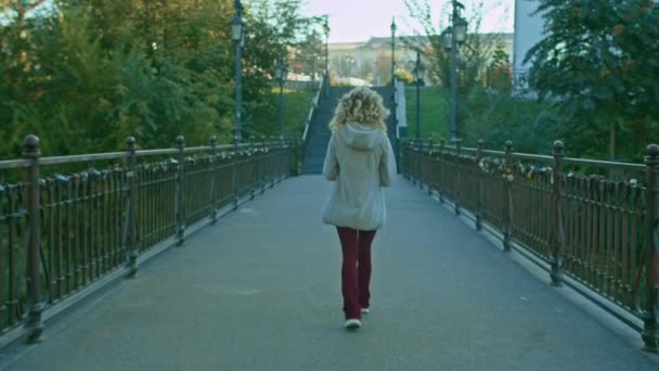 Молода Щаслива Жінка Окулярах Гуляє Мосту Міському Парку Осінній Літній — стокове відео