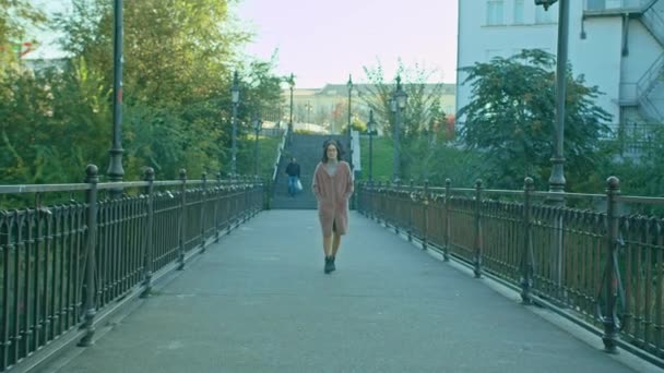 Jovem Mulher Feliz Óculos Caminha Longo Ponte Parque Cidade Outono — Vídeo de Stock