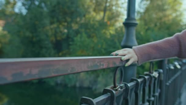 Wanita Muda Berkacamata Berjalan Sepanjang Jembatan Taman Kota Periode Musim — Stok Video