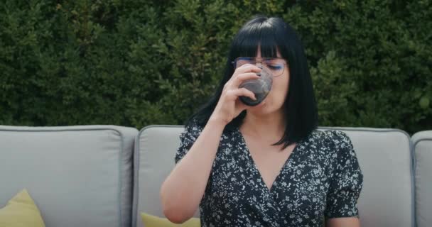 European Woman Enjoys Time Restaurant Drinks Coffee Eats Food She — Video