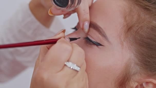 Cosmetics Work Stylist Makeup Artist Women Paint Lips Eyes Face — Vídeo de Stock