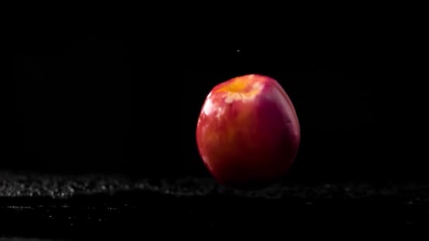 Super Slow Motion Shot Flying Fresh Nectarines Water Side Splash — Stockvideo