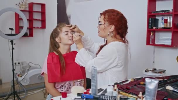 Cosmetics Work Stylist Makeup Artist Women Paint Lips Eyes Face — Wideo stockowe