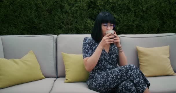 European Woman Enjoys Time Restaurant Drinks Coffee Eats Food She — Video Stock