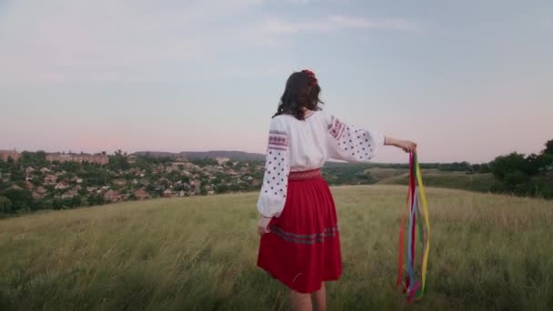 Happy Young Woman Enjoying Sunset Wearing Traditional Ukrainian Clothes Lifestyle — стокове відео