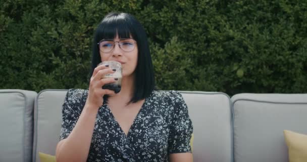 European Woman Enjoys Time Restaurant Drinks Coffee Eats Food She — Stockvideo