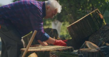 Kış için odun topluyorum. Yetişkin bir adam baltayla odun kesiyor. Ukrayna 'da kış geliyor.
