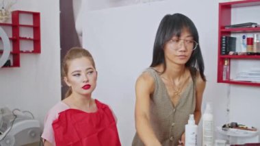 cosmetics and work as a stylist and makeup artist, women paint lips, eyes, face,