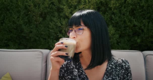 European Woman Enjoys Time Restaurant Drinks Coffee Eats Food She — Stockvideo