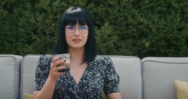 European Woman Enjoys Time Restaurant Drinks Coffee Eats Food She — 비디오
