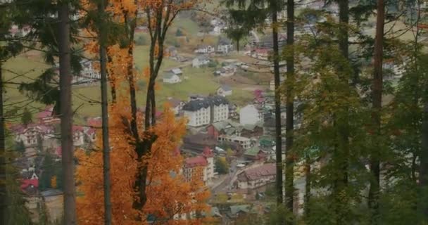 Vistas Estación Esquí Bukovel Hermosos Árboles Otoño Montañas Casas Distancia — Vídeo de stock