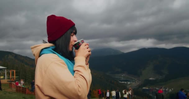 Young Woman Traveler Mountains Warms Hot Drink Autumn Adventures Generation — Stock Video