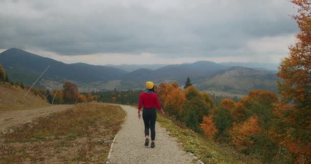 Junge Reisende Den Bergen Die Das Kühle Herbstwetter Genießen Und — Stockvideo