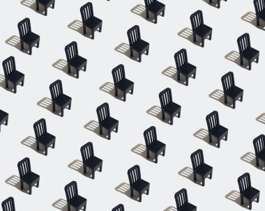 Sandalyeli, en az siyah ve beyaz desenli. Basit geometrik konsept, kusursuz görsel düzenleme. Ev tasarımı fikri, monokromatik görselleştirme.