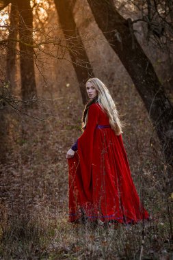 Çok güzel, sarışın bir kızın güzel kırmızı bir elbise giyip ormanda poz verdiği bir fotoğraf.