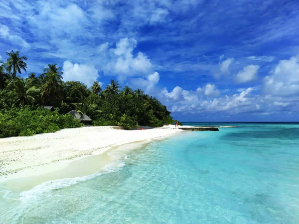 Malediwy, plaża z białym piaskiem z drzewami w pobliżu turkusowego oceanu. Kilkoro ludzi odpoczywa na opuszczonej plaży. — Zdjęcie stockowe