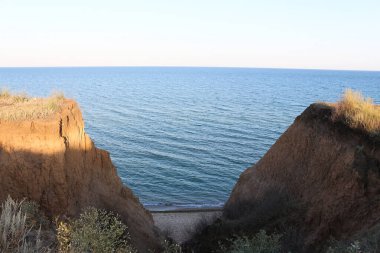 Denizin üzerindeki kumlu kayalıklar. Uzun otlar ve çayır bitkileriyle kaplanmış yüksek deniz kıyısı. Kıyı kayalıklarında güneş ve gölge. Karadeniz, Ukrayna, Doğu Avrupa.