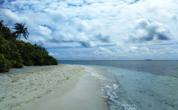 Malediwy Opustoszała Plaża Białym Piaskiem Drzewami Pobliżu Błękitnego Oceanu Wakacje — Zdjęcie stockowe