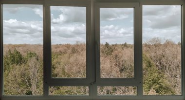 Bahar ormanı manzaralı büyük bir panoramik pencere. Ağaç tepeli bahar manzarası. Doğu Avrupa 'nın Mart veya Nisan aylarındaki doğası.