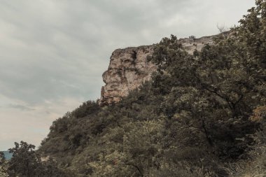 Dağ kayasının bir parçası. Uçurumun tepesinde, uçurumun önünde. Dinyester nehri, Ukrayna 'daki Bakota Körfezi manzarası. Durgun bej renklerde fotoğraf.