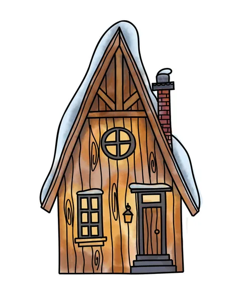 冬天的木制房子水彩画的模仿 — 图库矢量图片
