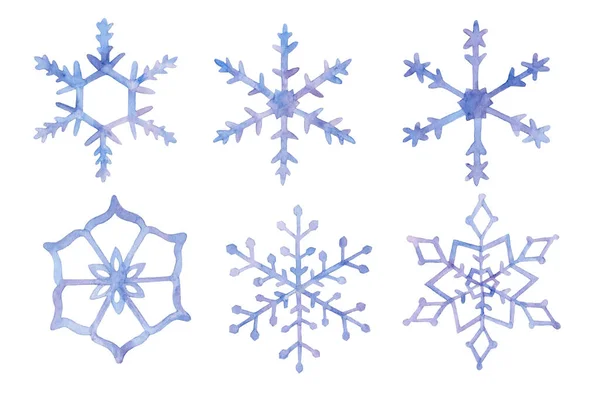 冬のライトブルーの雪片の水彩セット 白い隔離された背景に雪のフレークの手描きコレクション クリスマスや新年のカードの絵付け — ストック写真